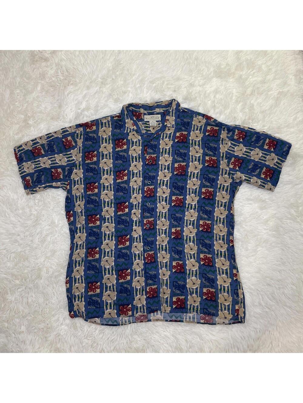 Vintage NATURAL ISSUE Hawaiian Large L Lg Men's Button Down Blue Shirt Floral